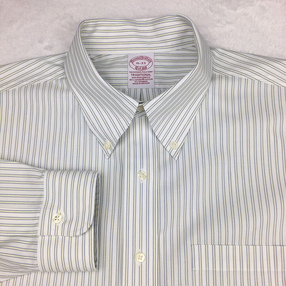 Brooks Brothers Dress Shirt Mens 16-33 White/Yellow Stripes Traditional No Iron